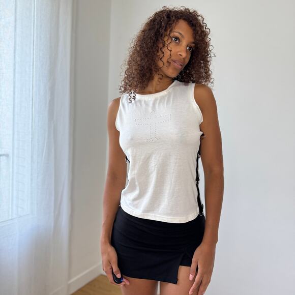Vintage euro White Tank with Rhinestone Airplane & D-Ring Side Straps (S/M) - Picture 9 of 10